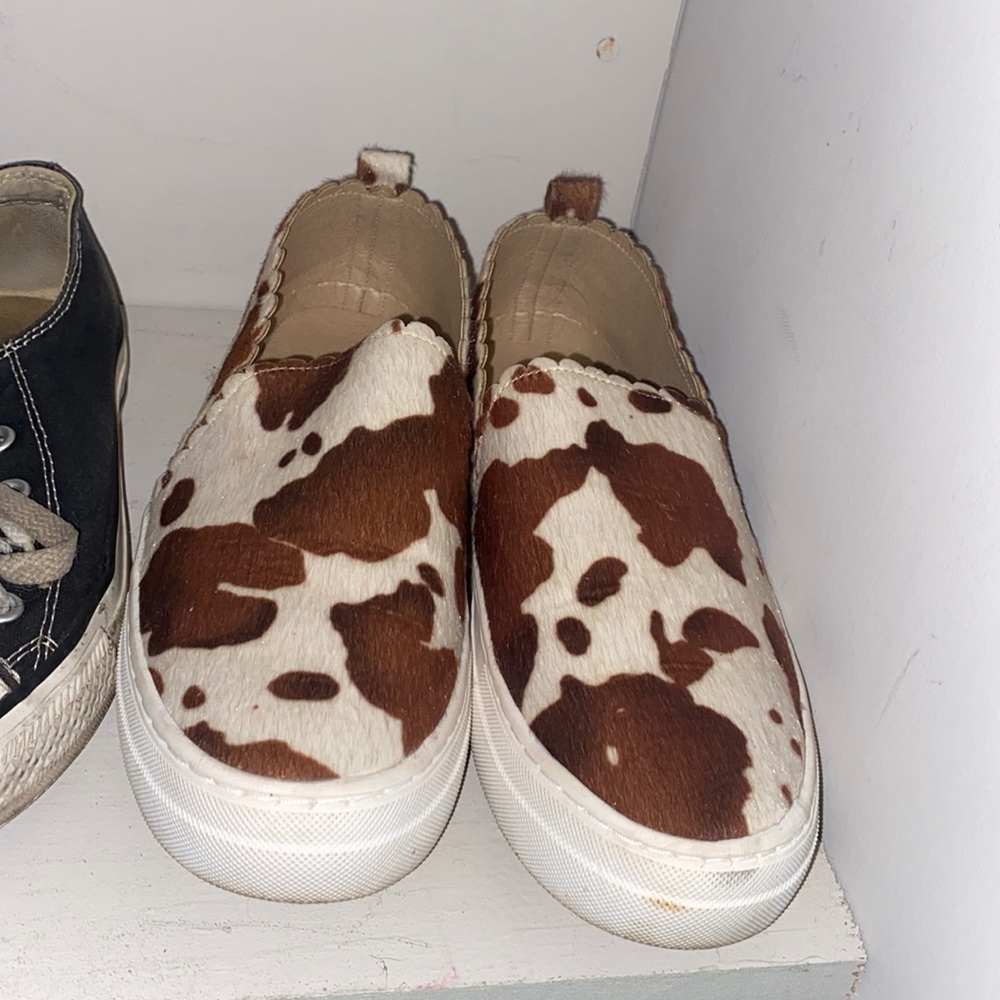 Cow hide slip ons